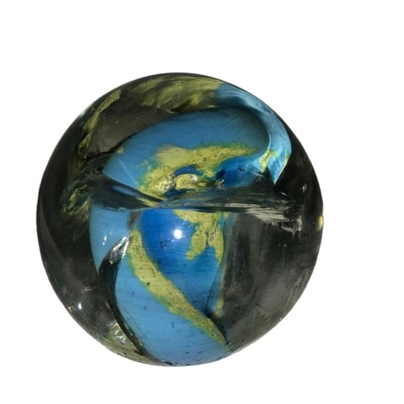 Art Glass Blue Green Yellow Swirled Paperweight - Picture 5 of 9